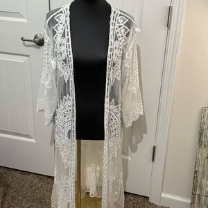 Rachel Zoe Kimono Cardigan Cover Up OS White Lace Mesh Boho 3/4 Sleeve One‎ Size